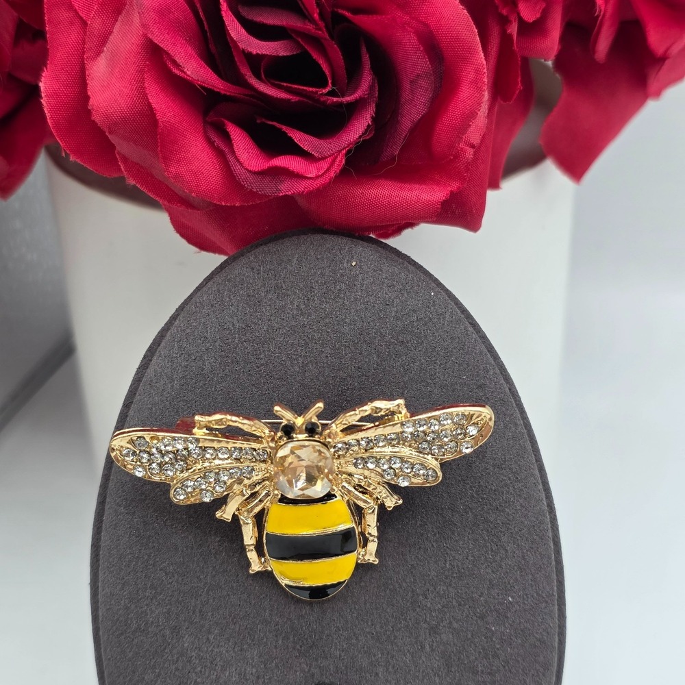 Gold Tone Bumblee Bee Yellow Black Brooch Pin‎ Enamel Rhinestone 2" Statement
